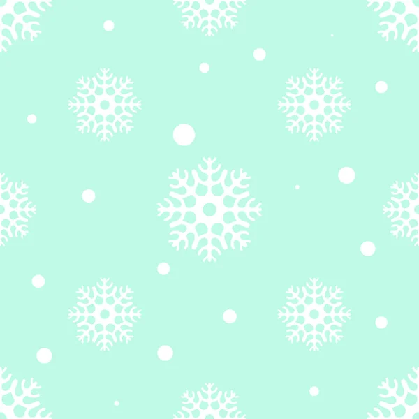 Patrón sin costuras con copos de nieve sobre un fondo verde claro. Copos de nieve de diferente tamaño y densidad. Vector — Archivo Imágenes Vectoriales