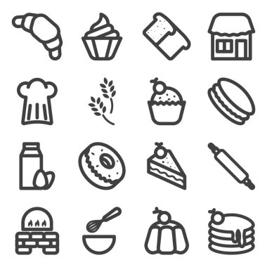 Pastane Simgeleri. Sette çeşitli şekerleme ürünlerinin yanı sıra bunların hazırlık ve satış yöntemleri de yer alıyor. Beyaz arkaplanda bir vektör.