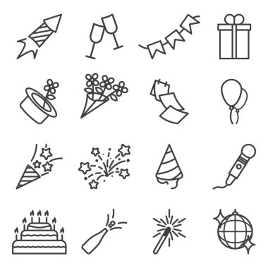 Tatille ilgili ikonlar. Festival malzemeleri, havai fişekler ve hediyeler de var. Doğrusal uygulama. Beyaz arkaplandaki izole vektör.
