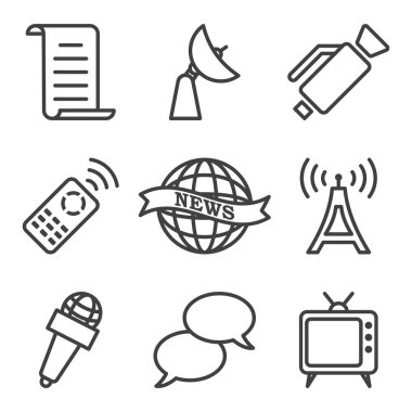 Bir dizi televizyon ikonu. Prodüksiyonlarının yanı sıra televizyon programları izlemekle ilgili görüntüler de içeriyor. Beyaz arkaplandaki izole vektör.