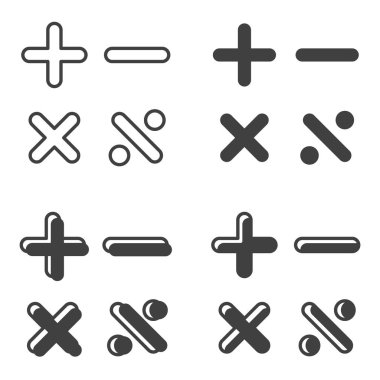 Dört farklı şekilde bölme, çarpma, toplama ve çıkarma için bir dizi sembol. Belolm arkaplanındaki izole vektör.