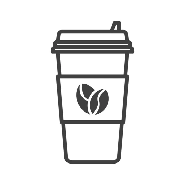 Icon paper cup for coffee with a plastic lid. Linear execution. Image of coffee beans on the label. Isolated vector on a white background. — 스톡 벡터