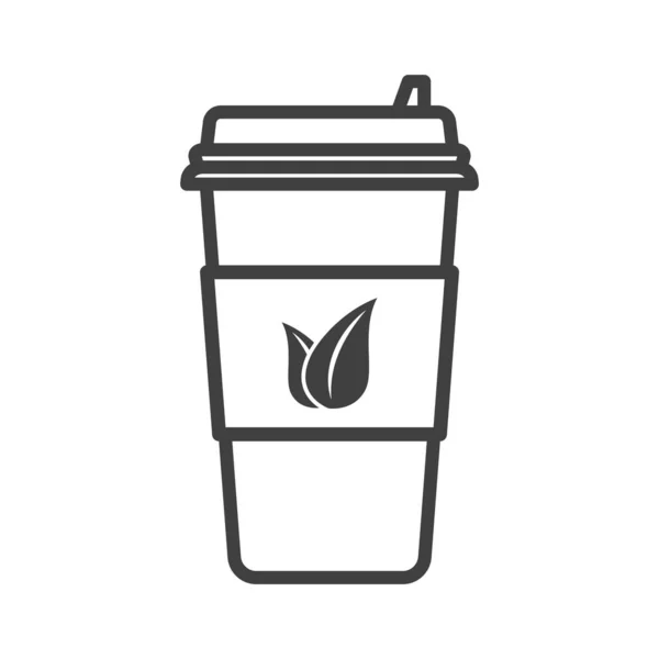 Plastik şapkalı çay için ikon kağıt bardak. Doğrusal uygulama. Etikette çay yaprağı resmi. Beyaz arkaplandaki izole vektör. — Stok Vektör