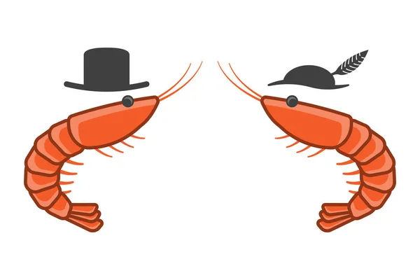 Icono de dibujos animados de dos camarones uno frente al otro en sombreros masculinos y femeninos. Vector aislado sobre fondo blanco . — Archivo Imágenes Vectoriales