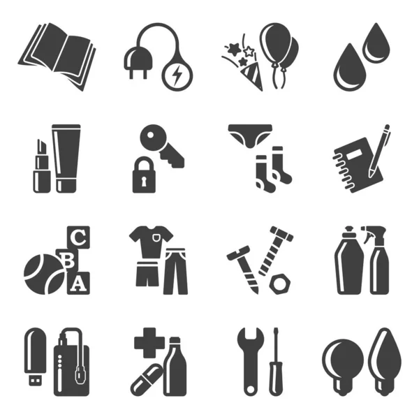 Uppsättning ikoner för kartonger för förvaring av hushållsartiklar. Inkluderar minimalistiska ikoner för saker, elektronik, leksaker. Isolerad vektor på en vit bakgrund. — Stock vektor