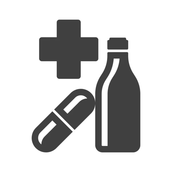 Ikona apteczki. Minimalistyczny obraz krzyża, tabletek i butelek z lekiem medycznym. Izolowany wektor na białym tle. — Wektor stockowy