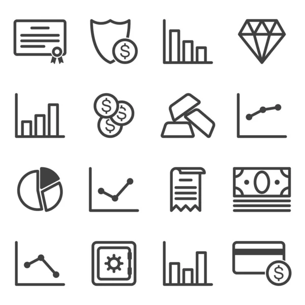Conjunto de iconos relacionados con la banca, finanzas y gráficos. Imágenes lineales minimalistas. Vector aislado sobre fondo blanco . — Vector de stock