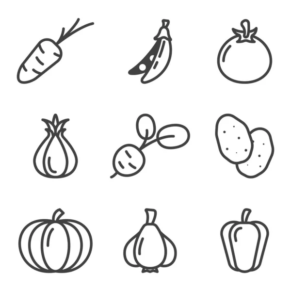 蔬菜图标设置。线性设计。包括胡萝卜、土豆、南瓜等一般食品。白色背景上的分离向量. — 图库矢量图片