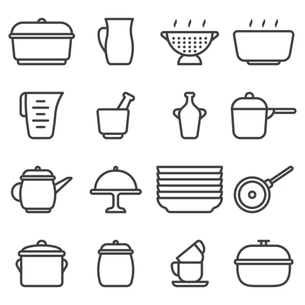 Zestaw ikon naczyń kuchennych. Zawiera różne opcje dań ceramicznych. Liniowy minimalistyczny design. Izolowany wektor na białym tle. — Wektor stockowy