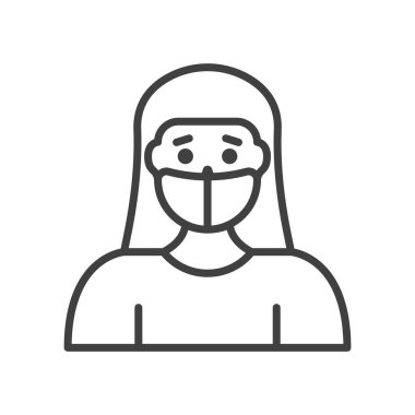 Virüslerden maske takmış bir kadının simgesi. Doğrusal resim biçimi. Beyaz arkaplandaki izole vektör.
