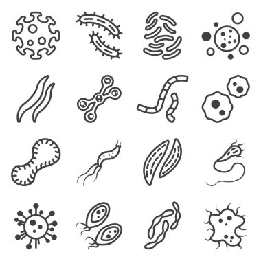 A set of viruses and bacteria icons of different shapes and purposes - worms, shapeless amoeba with and without antennae. Isolated vector on a white background. clipart