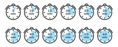 Zamanlayıcı ve kronometre simgesi ayarlandı. Dakika göstergelerinin farklı varyasyonlarına sahip bir saatin minimalist görüntüsü beş katlı. Beyaz arkaplandaki izole vektör.