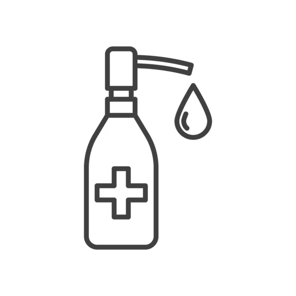 Icono de desinfectante de manos. Imagen de una botella con un dispensador y una gota de fondos. Ejecución lineal. Vector aislado sobre fondo blanco . — Vector de stock