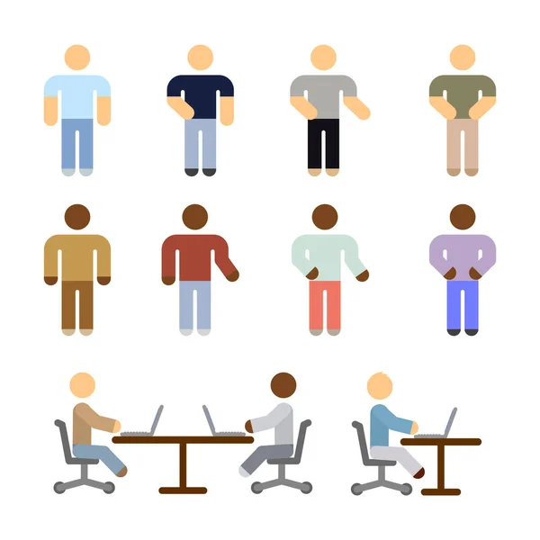 Images simples de personnes dans différentes poses avec différents mouvements de mains assises à une table avec des ordinateurs portables. Personnel de bureau travaillant ensemble. Vecteur isolé sur fond blanc . — Image vectorielle