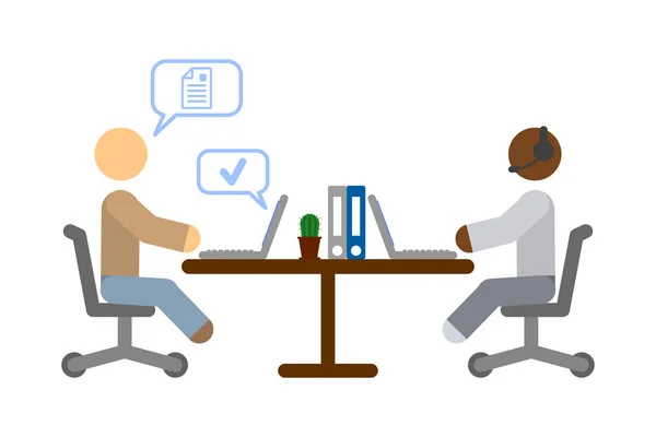 Immagine semplice di persone sedute a un tavolo con computer portatili. Processo rebochy pereviska con il cliente attraverso la rete. Vettore isolato su sfondo bianco . — Vettoriale Stock