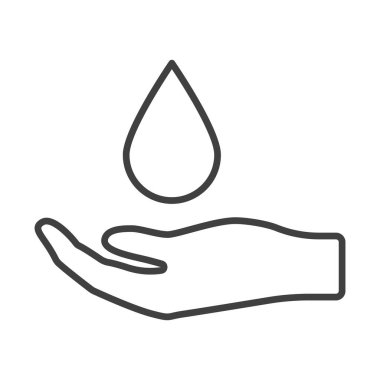 Bir damla ile el simgesi. Temiz ellerin sembolünün, su veya dezenfektanların kullanımının minimalist doğrusal tasarımı. Beyaz arkaplandaki izole vektör.