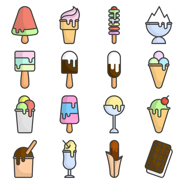 Set of multicolored icons of melted ice cream. Cartoon minimalistic performance. Isolated vector on a white background. — Stock Vector