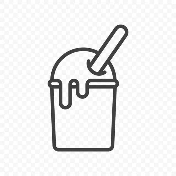 Ícone de sorvete derretido em um copo de plástico e pau de madeira. Imagem linear minimalista em um fundo PNG transparente. Vetor . —  Vetores de Stock