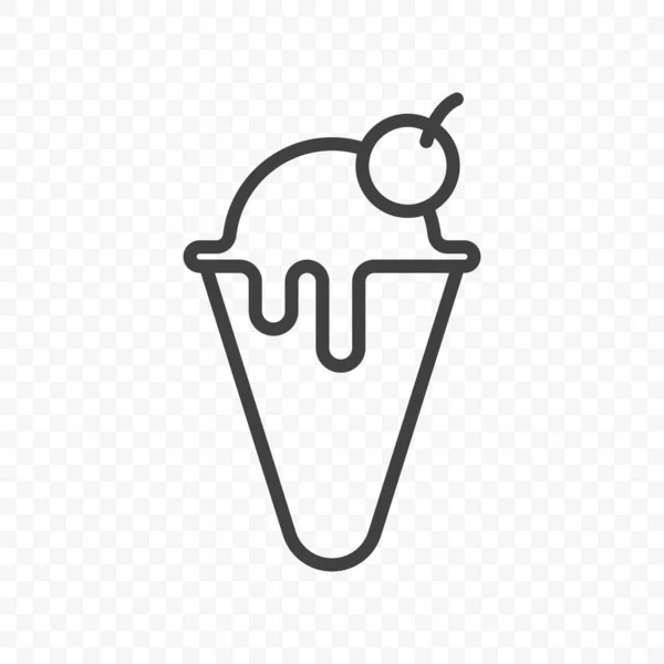 Ícone de sorvete derretido em uma xícara de waffle com uma cereja no topo. Imagem linear minimalista em um fundo PNG transparente. Vetor . — Vetor de Stock