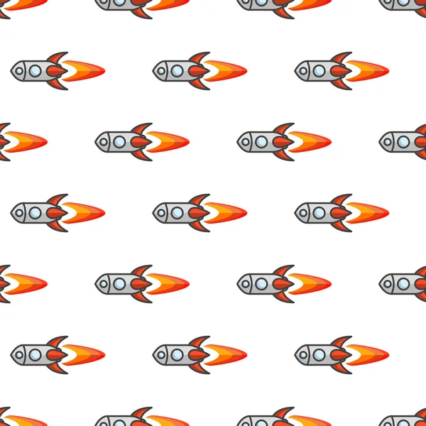 Modèle sans couture avec des fusées de dessin animé volant dans une direction. Illustration vectorielle de nombreuses fusées identiques sur fond blanc . — Image vectorielle
