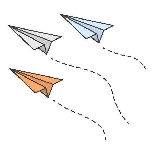 動きの軌跡と同じ方向に飛んでいる3枚の紙飛行機の画像 漫画のカラフルなパフォーマンス 白い背景の独立したベクトル — ストックベクタ