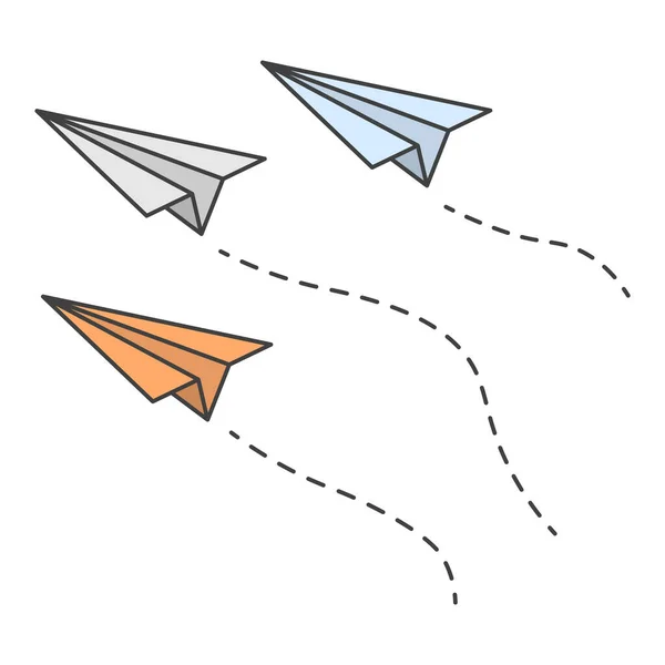 Imagem Três Aviões Papel Voando Mesma Direção Com Trajetória Seu — Vetor de Stock