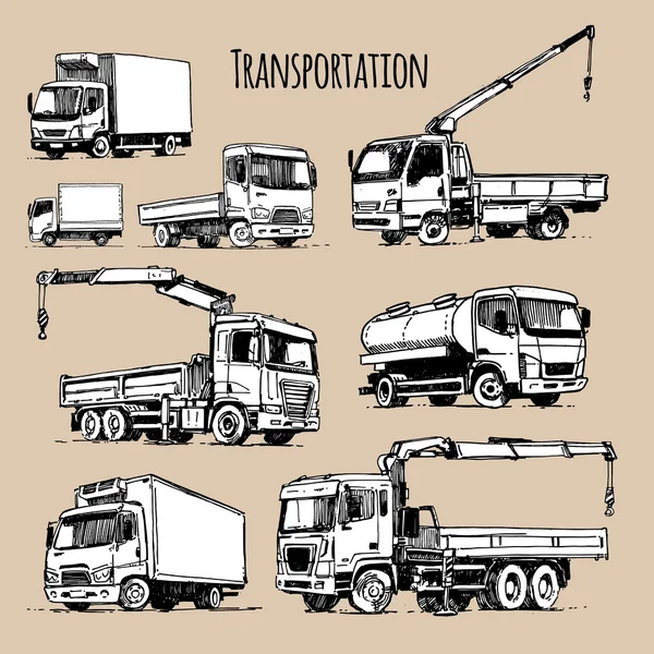 Transportation set. Truck cranes. Boom truck crane, milk cistern