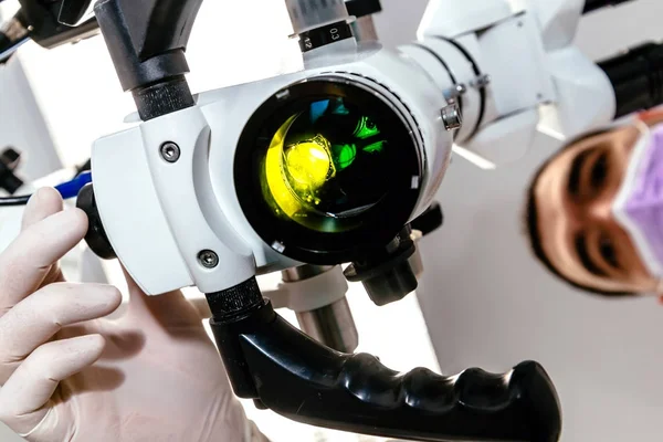Ιατρός Οδοντίατρος Χρησιμοποιεί Ένα Μικροσκόπιο — Φωτογραφία Αρχείου