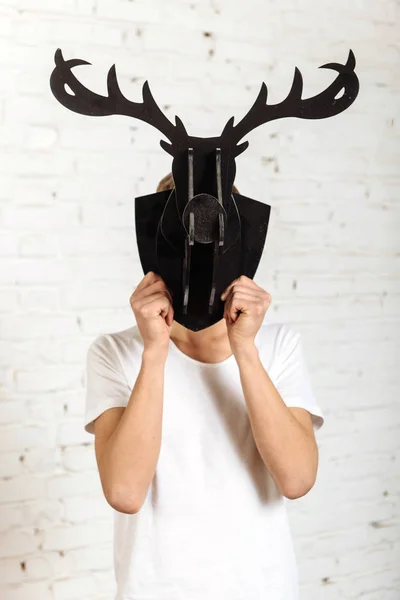 Boy Covered His Face Toy Deer Head — Stock Photo, Image