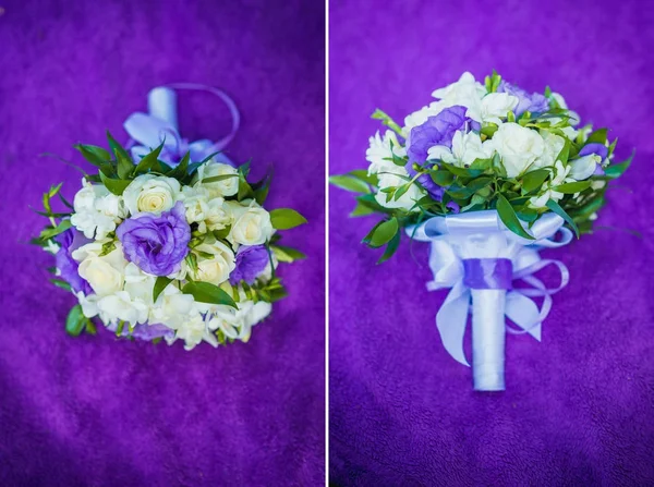 Wedding bouquet on a purple blanket