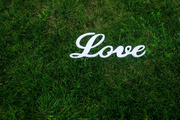 A szerelem szót a zöld fűben — Stock Fotó