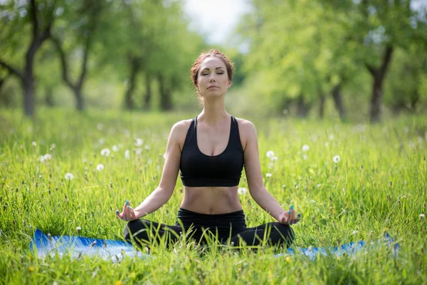 Jeune belle fille pratique le yoga dans un parc verdoyant dans la nature — Photo