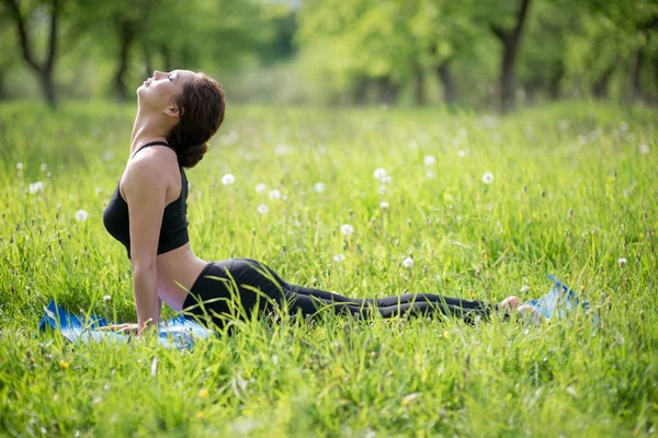 Молодая красивая девушка практикует йогу в зеленом парке на природе — стоковое фото