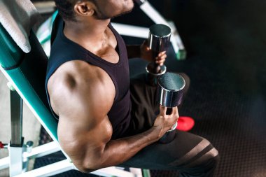 Spor salonundaki bir bankta otururken erkek sporcu dambıllarla egzersiz yapıyor.