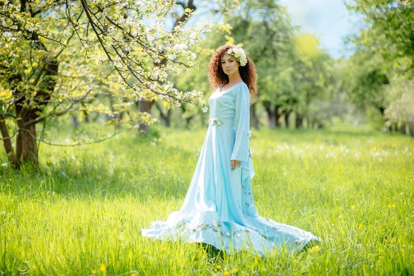 Bella ragazza è in piedi nel giardino di mele primavera in un abito lungo — Foto Stock