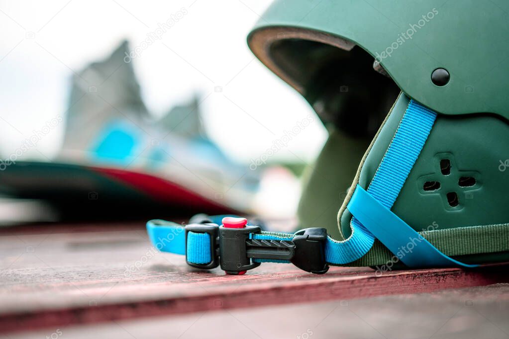 Equipment for wakeboarding. Helmet, board and boots for water sports