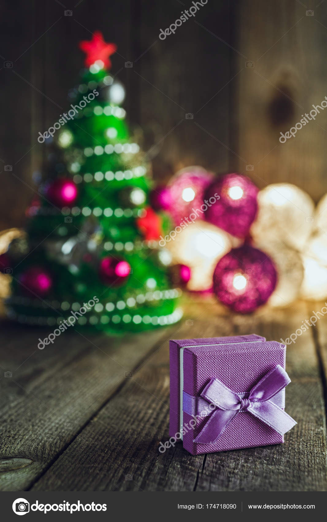 Christmas Background With Decorations And Gift Box On Wooden Boa