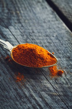 Kaşığı acı biber ahşap arka plan üzerinde