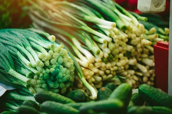 Зеленый Лук Лук Порей Фермерском Рынке — стоковое фото