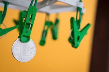 Yeşil kıyafetler peg tutun bir gümüş Litecoin 