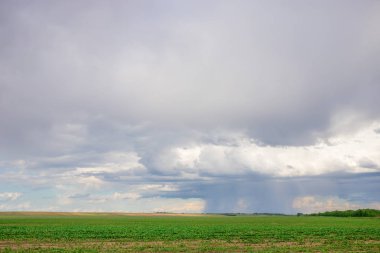 Gökyüzünde kara bulutlar ve uzaktan tarımsal alanlara yağan yağmur.