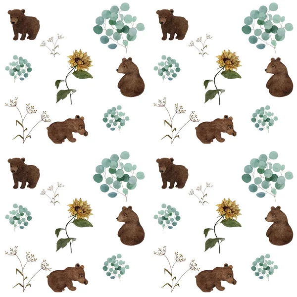 Padrão Aquarela Com Ursos Flores — Fotografia de Stock