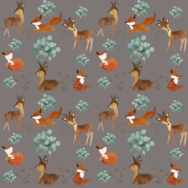 Watercolor Pattern Foxes Deer — Stock Photo, Image