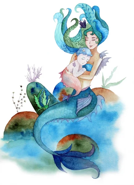 Acuarela Mano Pintura Sirena Sosteniendo Una Sirena Bebé Sobre Fondo —  Fotos de Stock