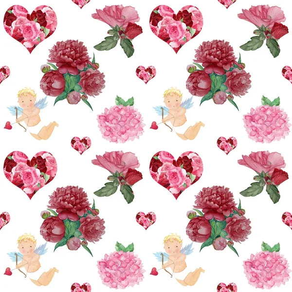 Padrão Dia Dos Namorados Aquarela Com Cupido Coração Flores — Fotografia de Stock