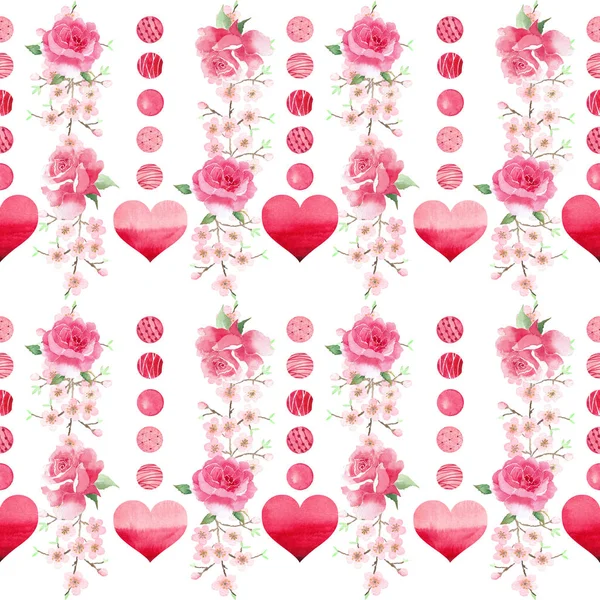 Aquarell Valentinstag Muster Mit Herzen Und Blumen — Stockfoto