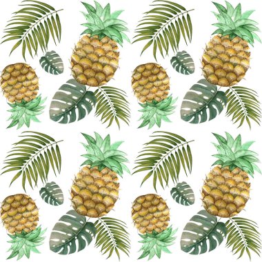 Palmiye yaprakları ve ananas ile suluboya desen