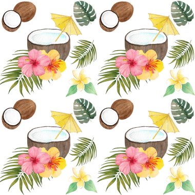 Hindistan cevizi ile suluboya tropikal desen