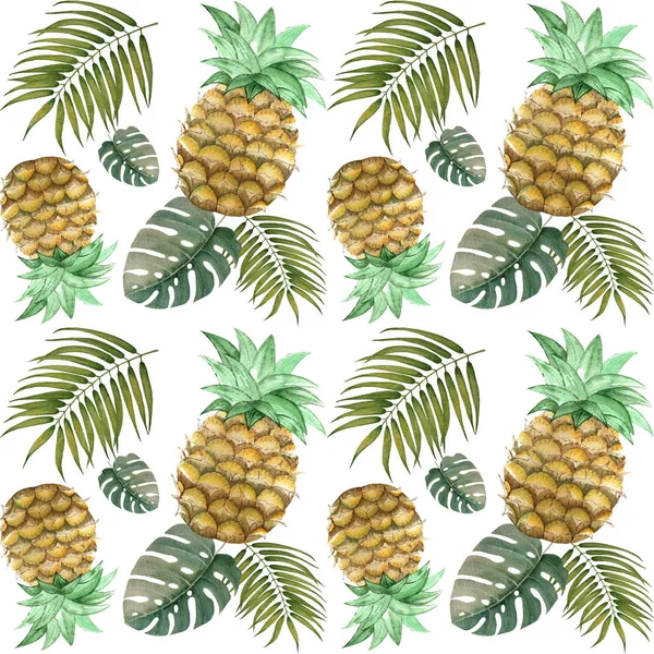 Akvarell Mönster Med Palmblad Och Ananas — Stockfoto