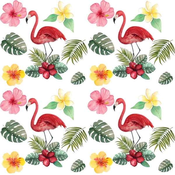 Tropikal meyve ve flamingo suluboya desenle